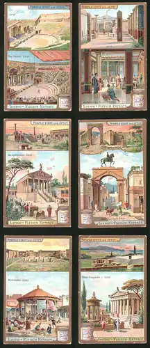 6 Sammelbilder Liebig, Serie Nr.: 861, Pompeji Einst und Jetzt, Theater, Markthallen, Augustusbogen, Apollotempel