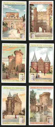 6 Sammelbilder Liebig, Serie Nr.: 943, Portes de ville historiques, Chartres, Brüssel, Lübeck, Cambridge, Sienna