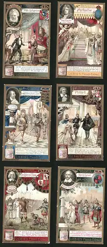 6 Sammelbilder Liebig, Serie Nr.: 871, Berühmte Tragödien, König Lear, Wallensteins Tod, Athalie, Philipp II.