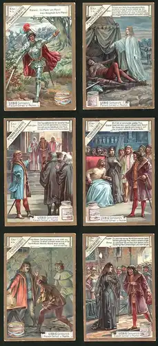 6 Sammelbilder Liebig, Serie Nr.: 603, Richard der Dritte v. Shakespeare, Beerdigung / Tod, Ritter, Dieb