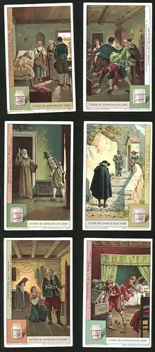 6 Sammelbilder Liebig, Serie Nr.: 1181, Les Fiances, par A. Manzoni, Räuber, Pistole, Schwert, Priester, Beten