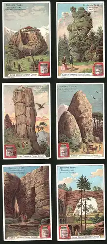 6 Sammelbilder Liebig, Serie Nr.: 710, Berühmte Felsen, Prebischtor, Lederstrumpffelsen, Zachloru, Heuscheuer Kamel