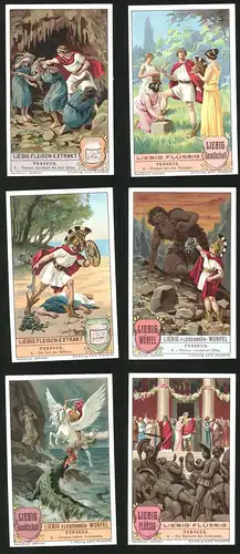 6 Sammelbilder Liebig, Serie Nr.: 1199, Perseus, Médusa, Atlas, Andromeda, Hochzeit, Nymphen, Schwert