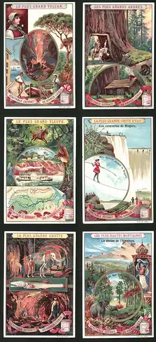 6 Sammelbilder Liebig, Serie Nr.: 511, Les plus hautes Montagnes, Himalaya, Grotte, Skelett, Niagara, Amazone, Etna
