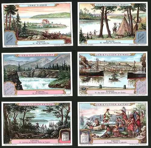 6 Sammelbilder Liebig, Serie Nr.: 1222, Kanada, Ureinwohner, Rauchen, Soldaten, Dampfer, Wasserfall, Fischer