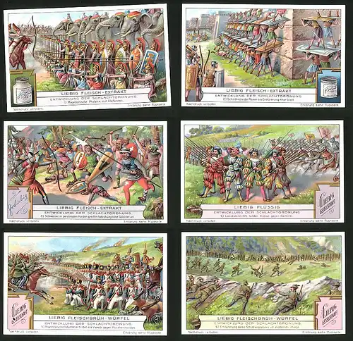 6 Sammelbilder Liebig, Serie Nr.: 1229, Entwicklung der Schlachtordnung, Soldaten, Krieg, Langwaffen, Bogen, Elephant