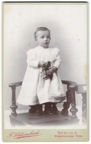 Fotografie Schloenbach, Berlin, Portrait Kleinkind stehend auf dem Stuhl mit Spielzeugpferd