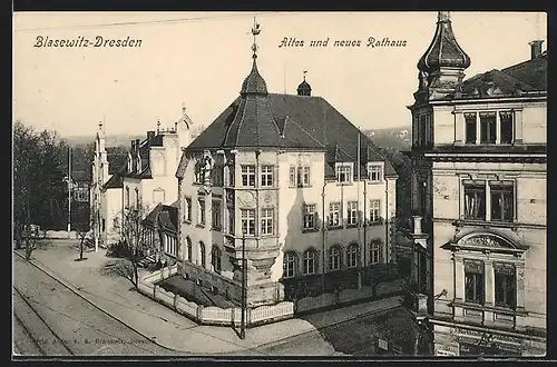 AK Dresden-Blasewitz, Blick auf altes und neues Rathaus aus der Vogelschau