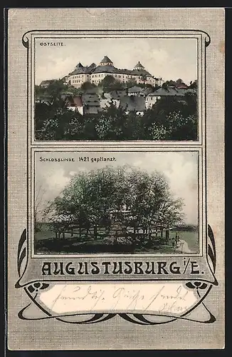 AK Augustusburg i. E., Burg von der Ostseite, Schlosslinde