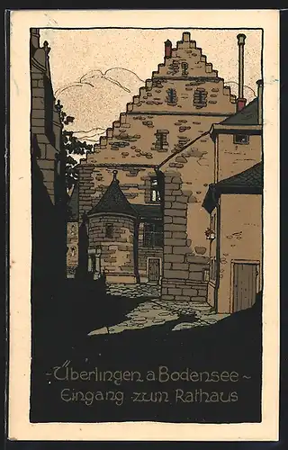 Steindruck-AK Überlingen, Eingang zum Rathaus