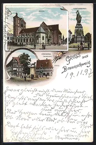 Lithographie Braunschweig, Siegesdenkmal, Löwensäule am Burgplatz, Dom