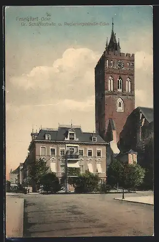 AK Frankfurt-Oder, Strasseneck Gr. Scharrnstrasse und Regierungsstrasse mit Strassenbahn