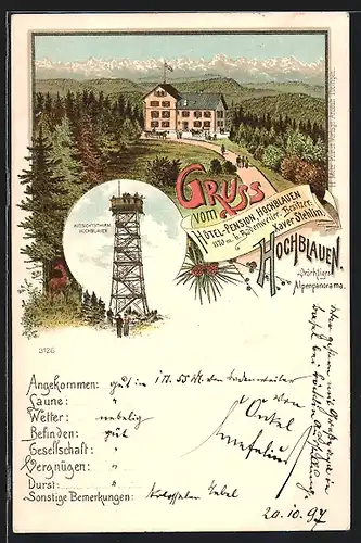 Lithographie Badenweiler, Hotel-Pension Hochblauen, Aussichtsthurm