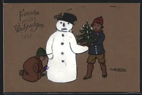 Künstler-AK Carl Diehl: Kinder bauen einen Schneemann, Tannenbaum, Weihnachtsgruss