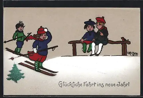 Künstler-AK Carl Diehl: Kinder auf Skiern, Neujahrsgruss