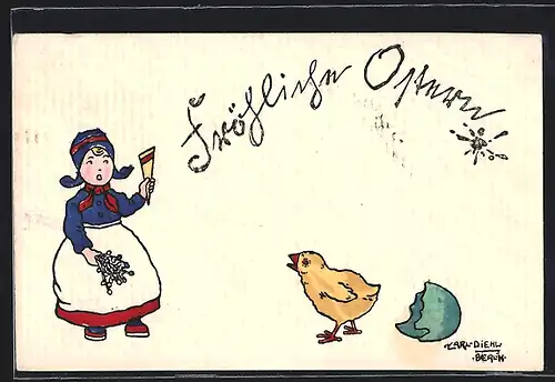 Künstler-AK Carl Diehl: Frau mit Osterküken, Ostergruss