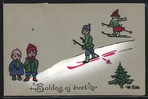 Künstler-AK Carl Diehl: Kinder auf Skipiste