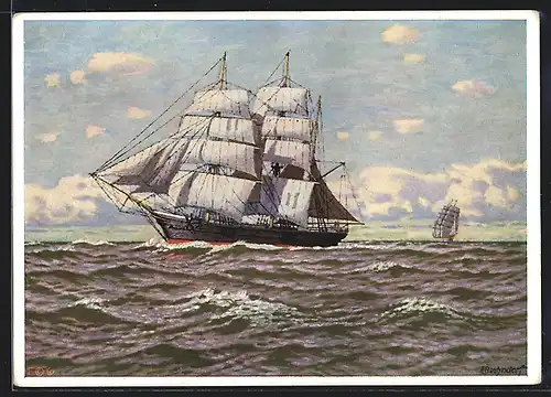 Künstler-AK H. Bahndorf: Segelschiff auf hoher See
