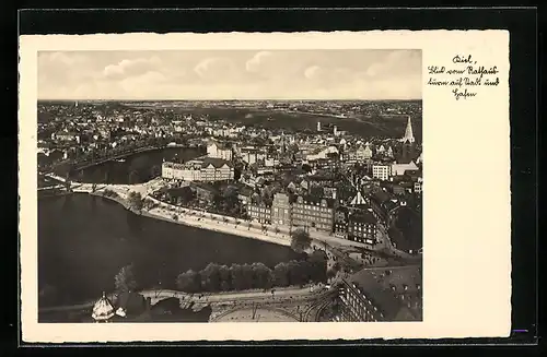 AK Kiel, Blick vom Rathausturm auf Park und Hafen