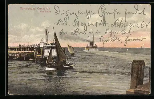 AK Cuxhaven, Steg in der Nordsee mit Segelschiff und Dampfer