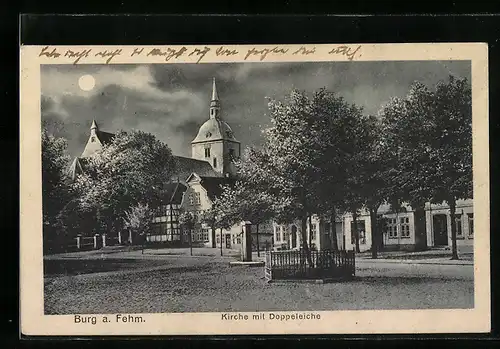 AK Burg a. Fehm., Kirche mit Doppeleiche bei Mondschein