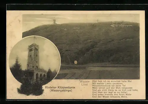 AK Rinteln /Wesergebirge, Klippenturm und Panorama, Weserlied