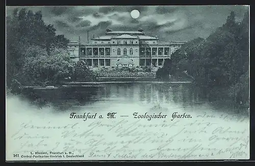 Mondschein-AK Frankfurt a. M., Zoologischer Garten, Gesellschaftshaus