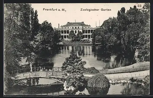 AK Frankfurt a. M., Zoologischer Garten, Gesellschaftshaus mit Brücke