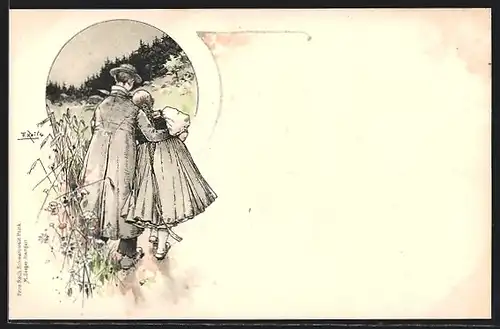 Künstler-AK Fritz Reiss: Schwarzwälder Tracht, Liebespaar liegt sich in den Armen