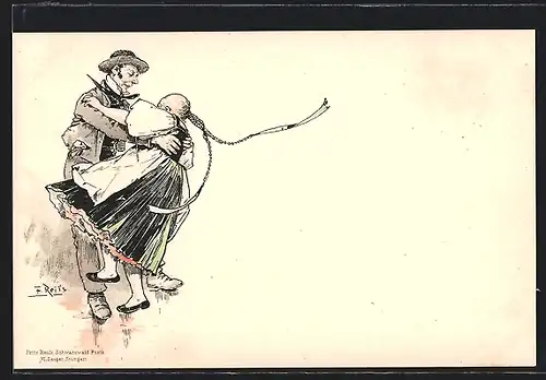 Künstler-AK Fritz Reiss: Paar in Schwarzwälder Tracht beim tanzen