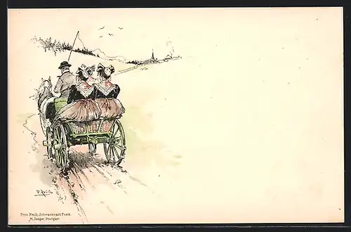 Künstler-AK Fritz Reiss: Schwarzwälder Tracht, Mann und zwei Frauen mit Pferdegespann