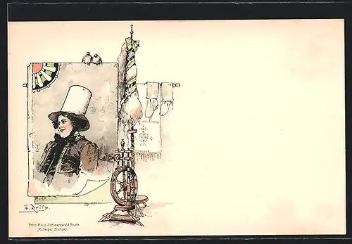 Künstler-AK Fritz Reiss: Dame in Schwarzwälder Tracht und Spinnrad