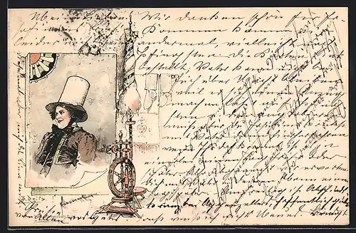 Künstler-AK Fritz Reiss: Schwarzwälder Tracht, Frau mit Hut und Spinnrad