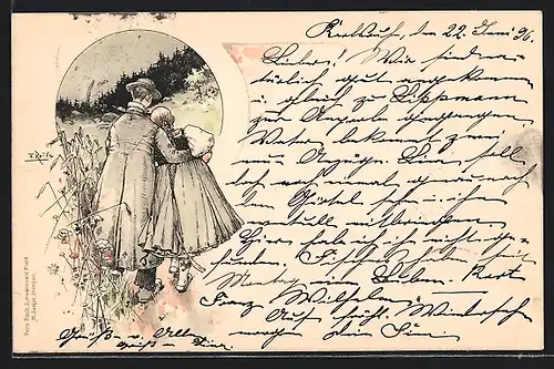 Künstler-AK Fritz Reiss: Schwarzwälder Tracht, Rückenansicht eines Paares