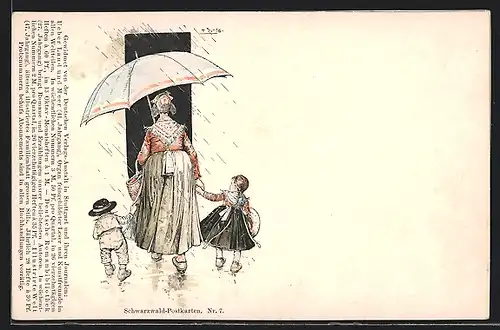 AK Schwarzwald-Postkarten No. 7, Mutter und Kinder mit Regenschirm, Tracht