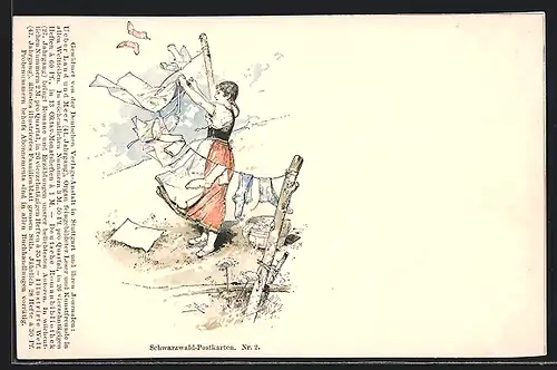 Künstler-AK Fritz Reiss: Schwarzwälder Tracht, Frau hängt Wäsche auf