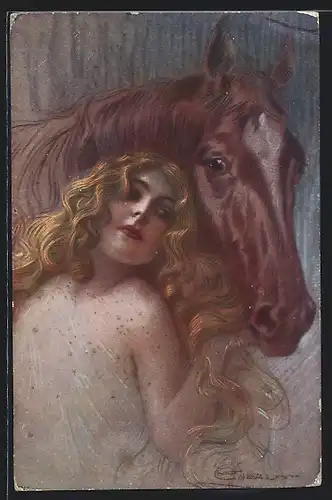 Künstler-AK G. Guerzoni: schöne junge Frau schmiegt sich an einen Pferdekopf