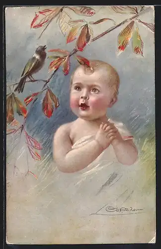 Künstler-AK G. Guerzoni: niedliches Kleinkind erfreut sich über einen Vogel auf einem Ast sitzend