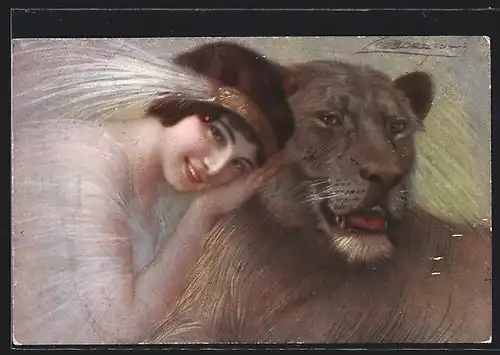 Künstler-AK G. Guerzoni: Dame mit einer Löwin