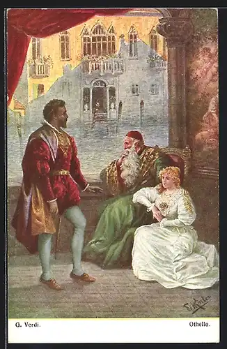 Künstler-AK Fr. Rösler: G. Verdi, Szene aus Othello, junge Frau zu Füssen eines alten mannes