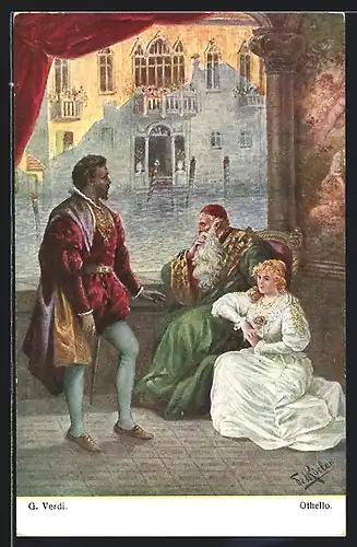 Künstler-AK Fr. Rösler: G. Verdi, Szene aus Othello, junge Frau zu Füssen eines alten mannes