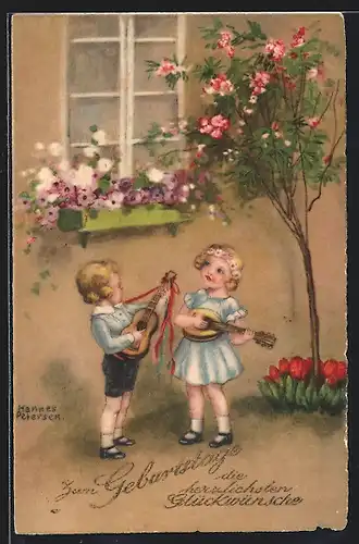 Künstler-AK Hannes Petersen: Kinder musizieren im Garten
