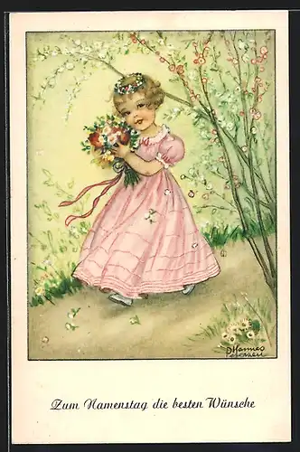 Künstler-AK Hannes Petersen: Niedliches Mädchen mit Blumenstrauss