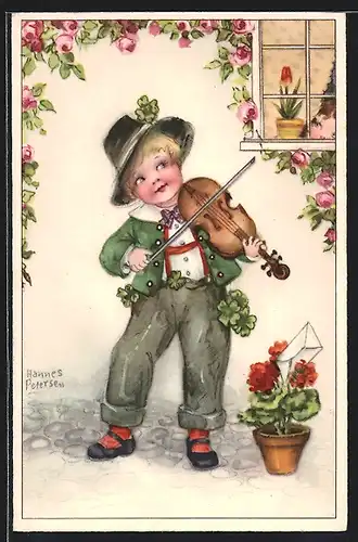 Künstler-AK Hannes Petersen: Kind mit einer Geige, Rosen, Brief