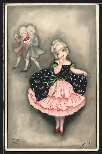 Künstler-AK Hannes Petersen: Mädchen in elegantem rosafarbenen Kleid mit Perücke kichert, Jungen, Joyeux Noel