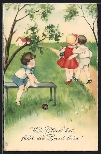 Künstler-AK Hannes Petersen: Bube blickt neidisch einem Kinderpaar hinterher