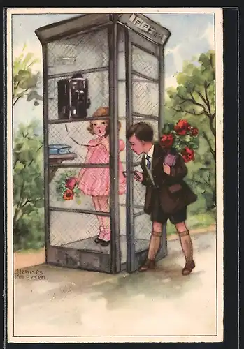 Künstler-AK Hannes Petersen: Bube stört ein Mädchen beim Telefonieren in einer Telefonzelle