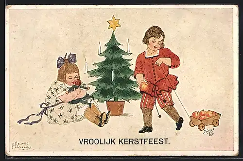 Künstler-AK Hannes Petersen: Kinder spielen mit ihrem Spielzeug vor dem Weihnachtsbaum