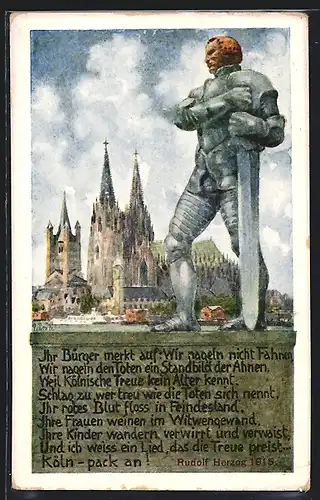 Künstler-AK Köln, Der Kölnische Bauer in Eisen 1915, Nagelung