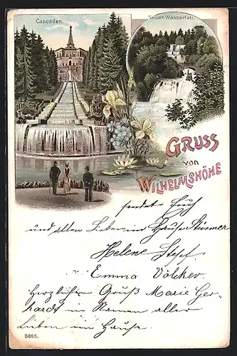 Lithographie Wilhelmshöhe, Cascaden, Neuer Wasserfall
